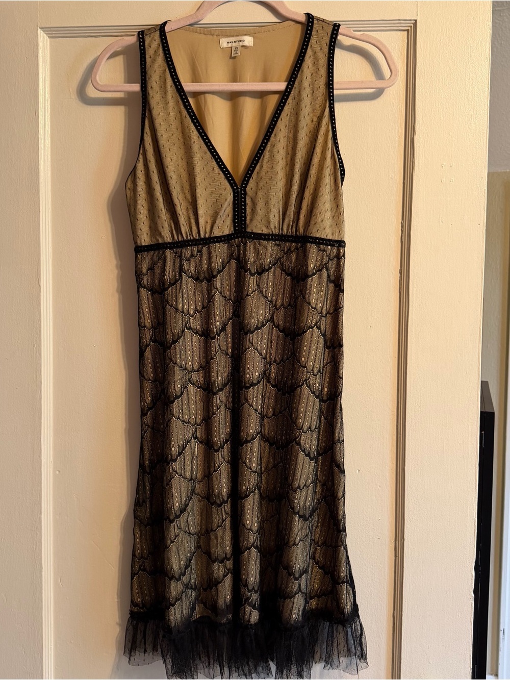 Max Studio Black Lace Overlay over Nude Slip Dress